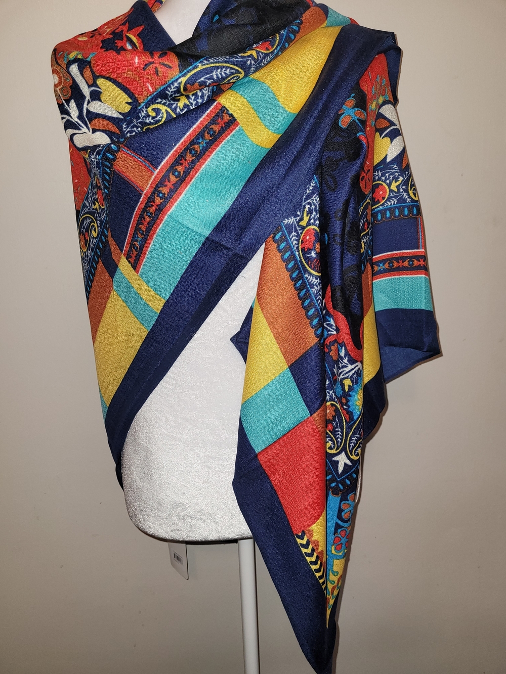chic Navy Multicolor Geometric & Floral Wrap Scarf